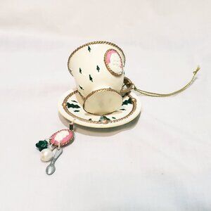 Tea Cup Saucer Spoon Bells Lady Cameo Christmas Ornament 2" UDC 2003 Resin